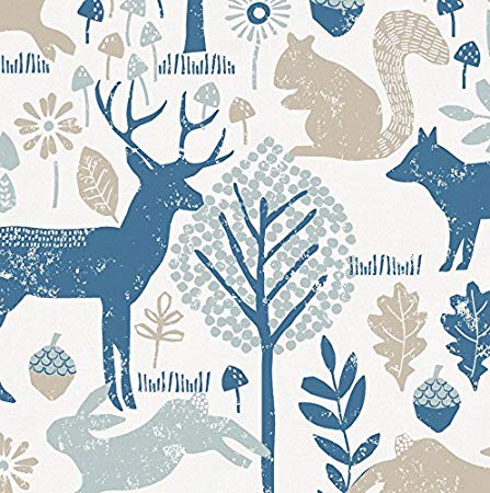 Carousel Designs Taupe and Denim Woodland Animals Fabric by The Yard - Organic 100% Cotton