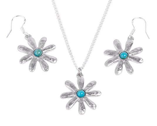 10th Anniversary Gift for Her - Turquoise Tin Flower Earring and Pendant Set -