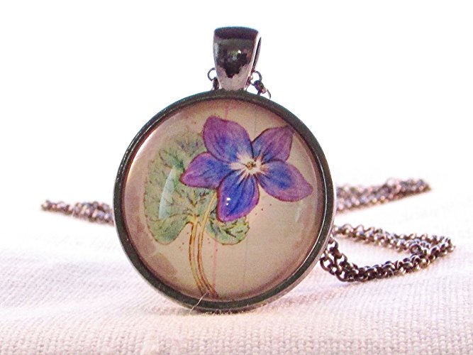 February Birth Month Flower Violet Necklace Round Glass Pendant