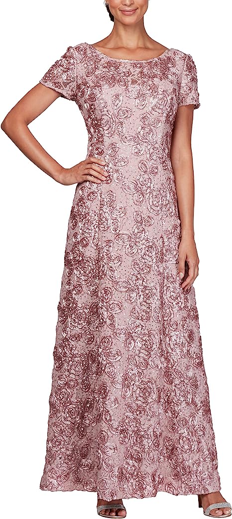 Alex Evenings Women's Long Rosette Lace Cap Sleeve Gown