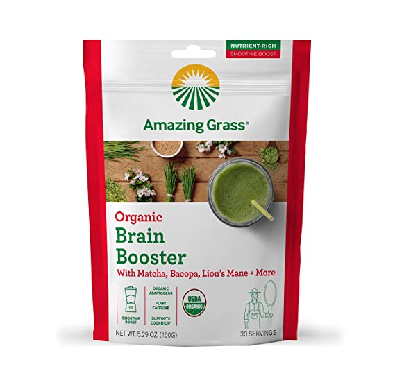 Amazing Grass Brain Booster: Greens Powder with Lions Mane, Matcha, Bacopa & Plant Based Caffeine, Smoothie Booster, 30 Servings