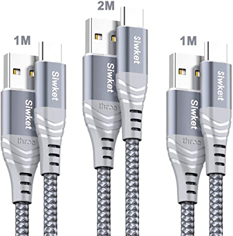 Siwket USB Type C Cable 3A Fast Charging Cord,[3Pack 2x1M 2M] USB A to USB C Charger Cable Braided Data Sync for Samsung Galaxy S10 S9 S8,Note 9/8,A20 A50 A80,LG G5 G6,Sony Xperia,Switch,HTC,Moto Grey