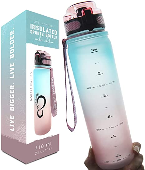 Live Infinitely 24 oz Insulated Double Walled Water Bottle with Time Marker, Fruit Infuser Screen & Shaker Blending Ball - Locking Flip Top Lid & Durable Rubberized Bottle Coating