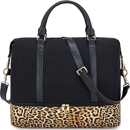 CAMTOP Canvas Weekender Bag, Travel Duffle Women Ladies Carry-on Tote with Shoe Compartment and Luggage Sleeve (Leopard-Black)