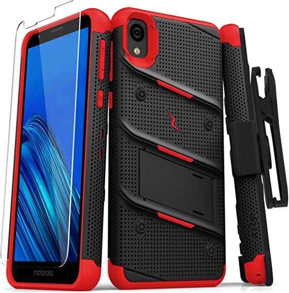 ZIZO Bolt Series Motorola Moto E6 Case | Heavy-Duty Military-Grade Drop Protection w/Kickstand Included Belt Clip Holster Tempered Glass Lanyard (Black/Red)