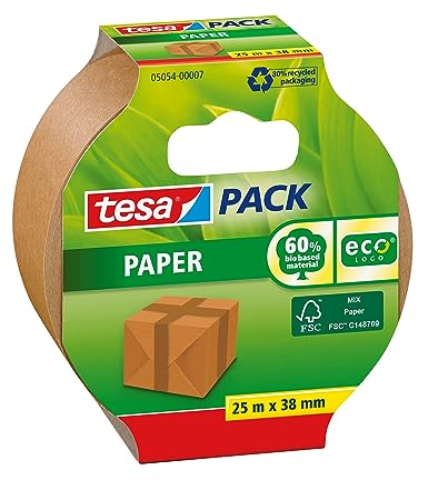 tesapack Paper ecoLogo - Environmentally Friendly Paper Packing Tape, 60% Biobased Material - Brown - 25 m x 38 mm