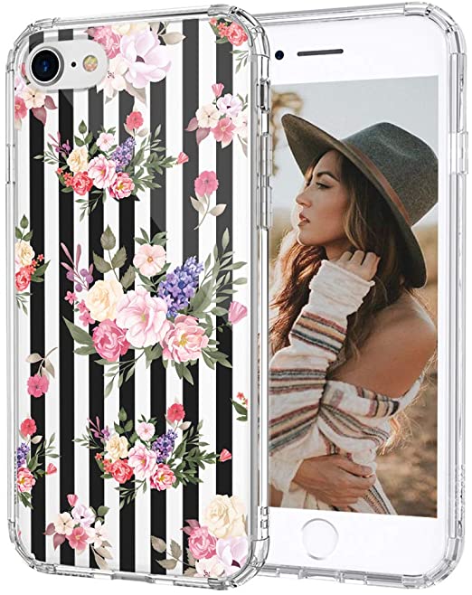 MOSNOVO iPhone SE 2020 Case, iPhone 8 Case, iPhone 7 Case, Black Stripes Flowers Floral Printed Clear Design Plastic Back Case with TPU Bumper Case Cover for iPhone 7 / iPhone 8 / iPhone SE 2020