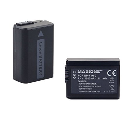 2x Masione NP-FW50 7.4V 1500mAh Replacement Battery for Sony Alpha NEX-3, NEX-3N, NEX-5, NEX-5R, NEX-5N, NEX-6, NEX-7, NEX-C3, NEX-F3, SLT-A33, SLT-A35, SLT-A37, SLT-A55V