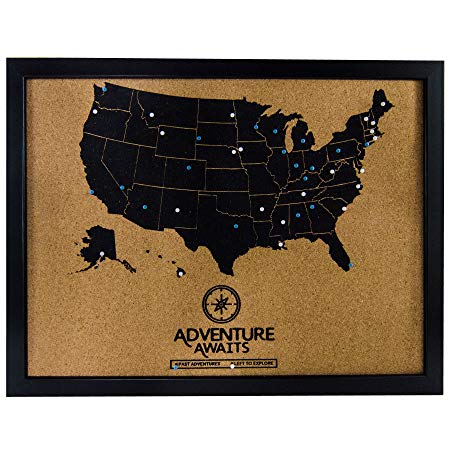 Pushpin Cork Board USA Map and Pins | US Travel Tracker Map to Track Past and Future Bucket List Destinations