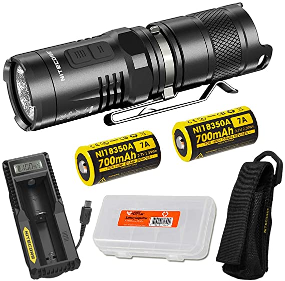 NITECORE MT10C 920 Lumen Multitask Tactical Flashlight with Red Light, 2x Rechargeable Batteries, Charger, and LumenTac Battery Organizer