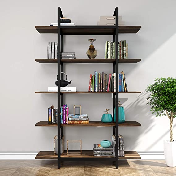 Ziocceh 5-Tier Vintage Bookshelf Industrial Standing Bookcase Shelf, Wood Storage Shelves for Home Office, Wood and Metal Etagere Large Open Bookshelf, Retro Brown