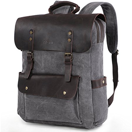 Lifewit 17.3 inch Leather Laptop Backpack Vintage Canvas Casual School Collage Bag Business Travel Rucksack