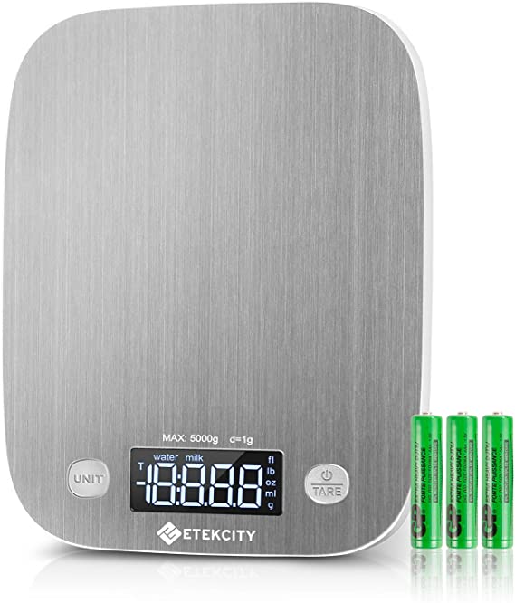 Etekcity Kitchen Food Scale Digital Weight Grams and Oz, LED Backlit Display (AAA Battery), Stainless Steel, Silver