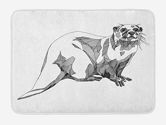 Ambesonne Black and White Bath Mat, Sketch Otter Monochrome with Line Art Inspirations Animal Illustration, Plush Bathroom Decor Mat with Non Slip Backing, 29.5 W X 17.5 L Inches, Black White