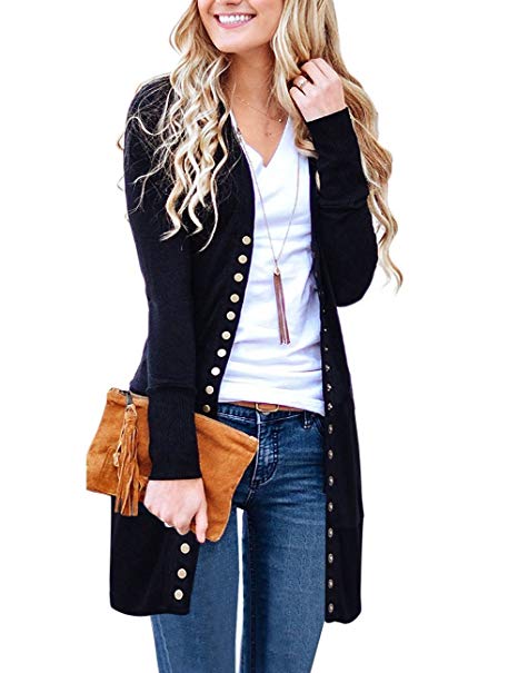 MEROKEETY Women's Long Sleeve Snap Button Down Solid Color Knit Ribbed Neckline Cardigans