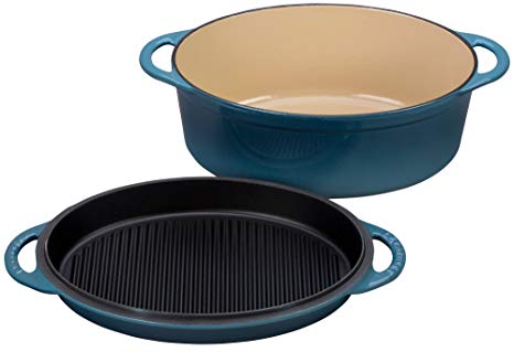 Le Creuset Cast Iron Oval Oven with Reversible Grill Pan Lid, 4 3/4 quart, Marine