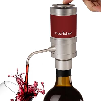 NutriChef Electric Aerator Dispenser Pump-Portable and Automatic Bottle Breather Tap Machine-Air Decanter Diffuser System for Red and White Wine w/Unique Metal Pourer Spout PSLWPMP50