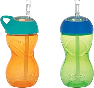 Nuby No-Spill Clik-it Flexi Straw 10oz Cup, Leak-Proof & Easy-Grip Design with Carabiner Attachment for On-The-Go Hydration, 2 pack, 6 M, Neutral Colors