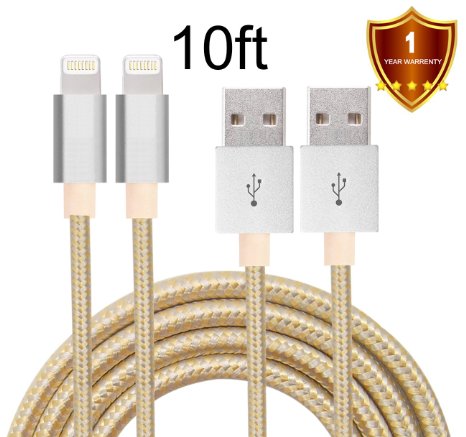 LOVRI 2Pack 10ft Nylon Braided Lightning Cable USB Cord Charging Cable for iphone 6s, 6s plus, 6plus, 6,5s 5c 5,iPad Mini, Air,iPad5,iPod. Compatible with iOS9.(White&Gold)