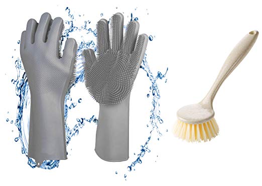 AmazinWads Magic Saksak Silicone Gloves with Wash Scrubber and Washing Dish Brush for Tough Baked-On Food and Bonus Mystery Gift, Reusable Dishwashing Gloves for Cleaning Dishes, Cars, and Baths
