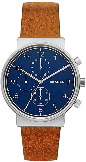 Skagen Men's Ancher Quartz Stainless Steel and Leather Chronograph Watch, Color: Silver-Tone, Brown (Model: SKW2616)