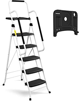 HBTower 5 Step Ladder with Handrails, Folding Step Stool with Tool Platform, 330 LBS Portable Steel Ladder for Adults for Home Kitchen Library Office, White