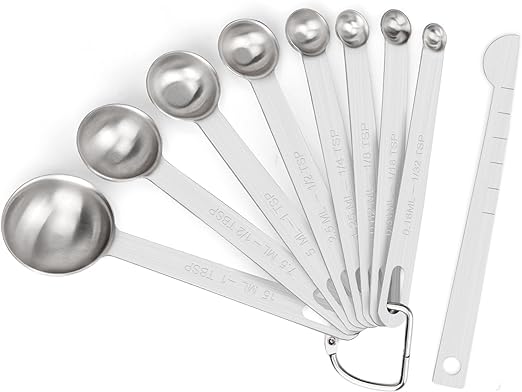 Upgrade 9 PCS Stainless Steel Measuring Spoons Set, Small Tablespoon, Teaspoons, Set 8 with Bonus Leveler for Dry and Liquid, Fits in Spice Jars, 1/32 1/16 1/8 1/4 1/2 1 tsp, 1/2 1 tbsp