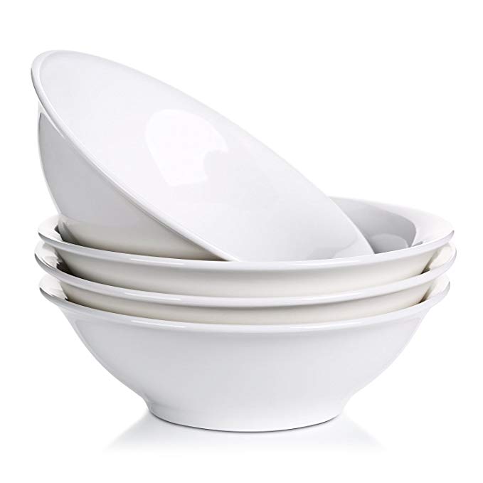 LIFVER 48 Ounce Porcelain Bowl Set, Cereal, Soup, Pasta Bowls, White, Set of 4, 9 Inch