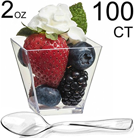 Zappy 100 Square Mini Dessert Cups 2oz Clear Tasting Sample Shot Glasses 100 Ct Dessert Cups with Spoons Disposable Plastic Appetizer Bowls Mini Parfait Cups Small Tumblers and Mini Spoons