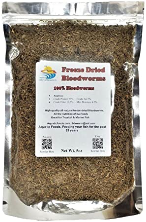 Aquatic Foods 5oz Bloodworms, Freeze Dried Fresh Grade A Floating Bloodworms for All Tropical Fish, Bettas, Discus, Cichlids, Community Turtles, Carnivore Carnivorous Plants. Bag