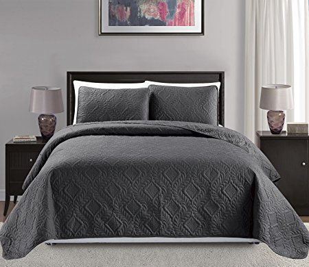 Mk Collection Diamond Bedspread Bed-cover Embossed solid Dark Grey/Charcoal New Full/Queen Over Size 100" x106"