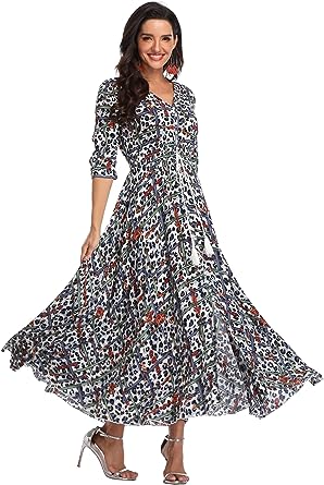 Women's Floral Maxi Dresses Boho Half Sleeves Button Up Split Flowy Long Dress