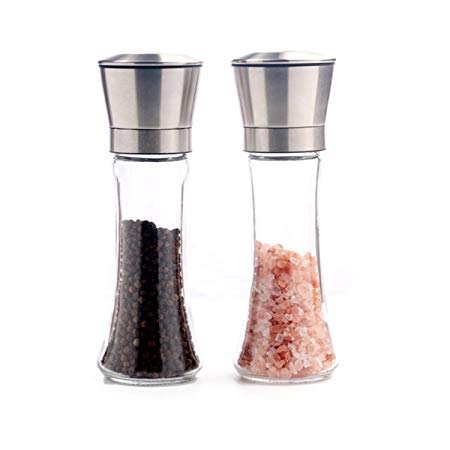 YSBER Salt and Pepper Grinder Set - Dry Spice Mill - Pepper Mill and Salt Mill with Stainless Steel and Glass Construction (Set of 2) (Silver)