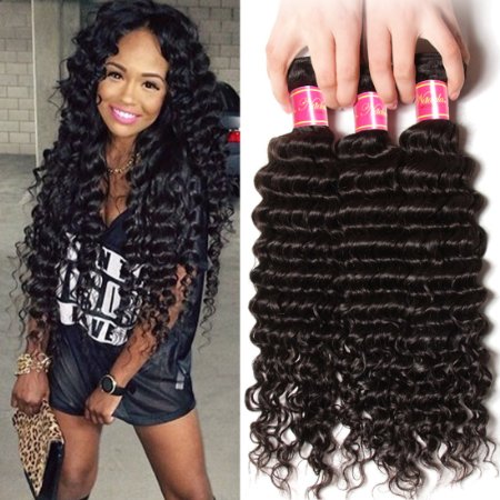 Nadula 6a Remy Virgin Brazilian Deep Wave Human Hair Extensions Pack of 3 Unprocessed Deep Wave Weave Natural Color Mixed Length 12inch 14inch 16inch