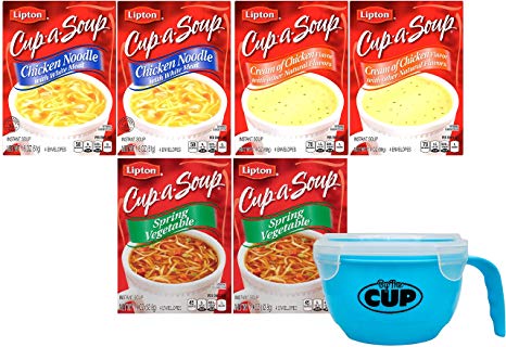 By The Cup Soup Bowl Bundle - Lipton Cup-a-Soup Instant Soup Pouches, Chicken Noodle with White Meat, Spring Vegetable and Cream of Chicken, 6-4 Count Boxes