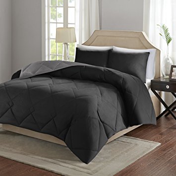 Comfort Spaces – Vixie Reversible Down Alternative Comforter Mini Set - 3 Piece – Black and Grey – Stitched Geometrical Diamond Pattern – Full / Queen size, includes 1 Comforter, 2 Shams