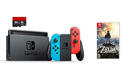 Nintendo Swtich 3 items Bundle:Nintendo Switch 32GB Console Neon Red and Blue Joy-con ,64GB Micro SD Memory Card and The Legend of Zelda:Breath of the Wild