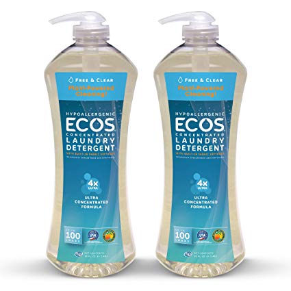 Earth Friendly Products Ecos 4X Ultra Concentrated Liquid Laundry Detergent, 200 Loads, 2 x 50 oz Free & Clear (2Count)