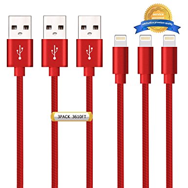 BULESK iPhone Cable 3Pack 3FT 6FT 10FT Nylon Braided Certified Lightning to USB iPhone Charger Cord for iPhone 7 Plus 6S 6 SE 5S 5C 5, iPad 2 3 4 Mini Air Pro, iPod - Red