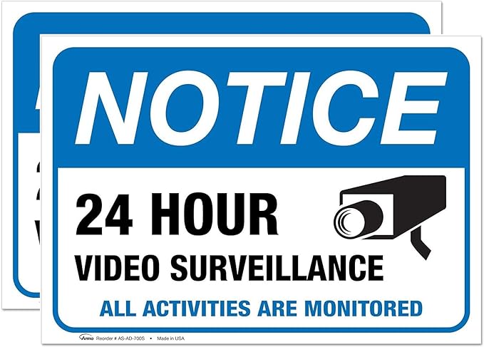 Safety Video Stickers Surveillance Vinyl Sign, (2 Pack) - 7" x 10” Sticker Self-Adhesive Decal Poster - Weatherproof
