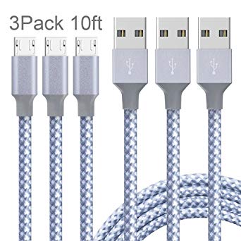 AOFU Micro USB Cable,3Pack 3 * 10FT Long Nylon Braided High Speed 2.0 USB to Micro-USB Charging Cables Android Fast Charger Cord for Samsung Galaxy S7 Edge/S6/S4, Note 5/4 (Gray White)