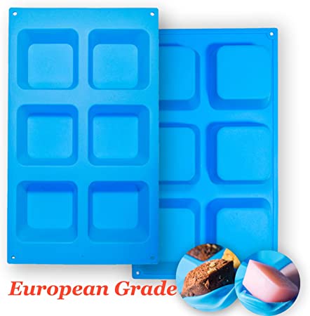 Aokinle Silicone Square Molds, 2-Pack European Grade Silicone Molds for Soap Making, 6 Cavities Baking Mold for Jello, Cupcake, Chocolate,Brownie, Jelly, Food-Grade Silicon, LFGB Approved