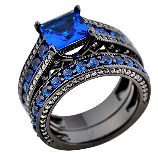 Rongxing Jewelry Womens Four Claws Blue Square Blue And White Birthday Stone Double Wedding Rings Sets Size5-1