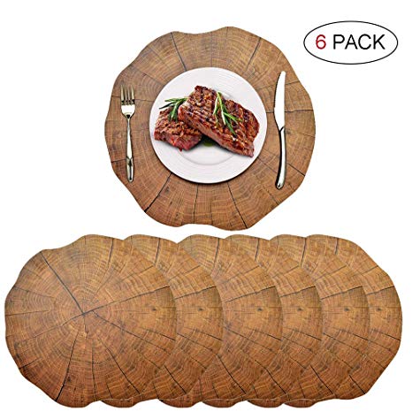 6 PCS Round Brown Placemats - Plastic Thick Environmental Materials Multiple Styles Easy to Clean for Kitchen Dinner Party(Tree Pattern )