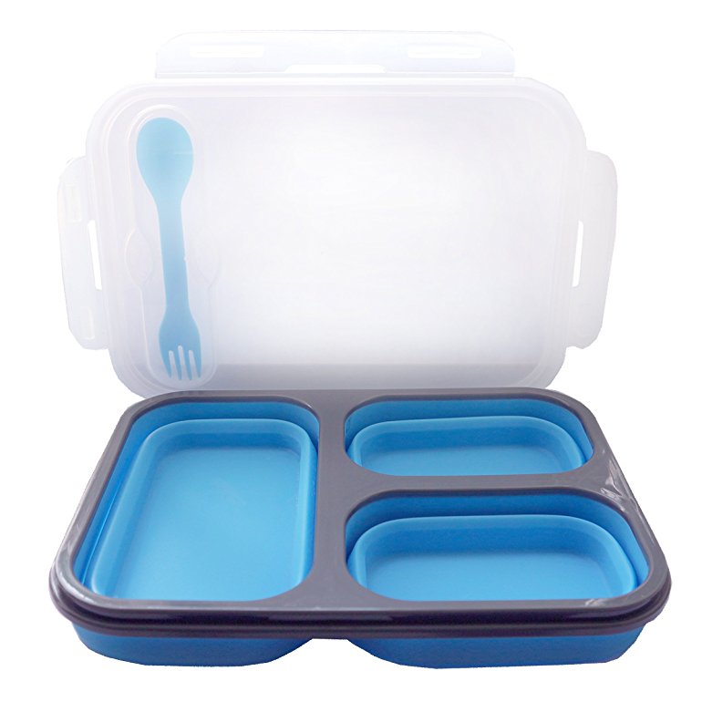 Collapsible Silicone Rectangle Lunch Box by Kurtzy - Three Compartments With Cutlery - BPA Free and Food Safe - Microwave, Freezer and Dishwasher Safe - Great For Kids and Adults