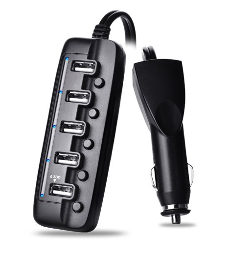 LiiR 8A/40W 5-Port Rapid Car Charger Featuring QC2.0 Intelligent Full Speed Charging Power Switch and LED Indicator on Each Port for iPhone Series, iPad Air Series, Samsung Nokia and More