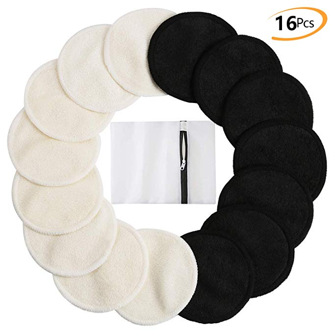 Bamboo Makeup Remover Pads (16 Pack), 2 Layers 3.15inch Reusable Organic Bamboo Cotton Rounds with Laundry Bag, Washable Facial Cleansing Cloths for Eye Makeup Remove Face Wipe - Black&White