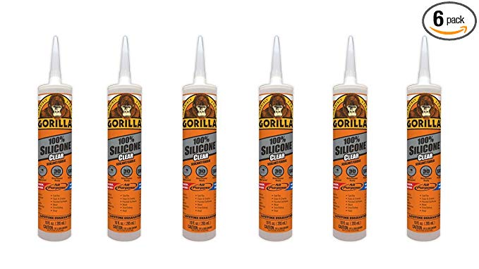 Gorilla Clear 100 Percent Silicone Sealant Caulk, Waterproof and Mold & Mildew Resistant, 10 ounce Cartridge, Clear, (Pack of 6)