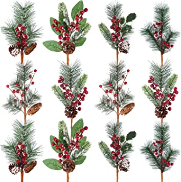 Tatuo Artificial Pine Tree Branches Christmas Pin Picks 13.8 Inches with Pine Cones Red Berry Flower Ornaments in 6 Styles for Xmas Wreaths Home Vase Decor (12)