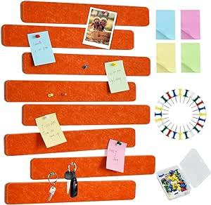 Vuzvuv 8Pcs Orange Cork Board Bar Strips with 50 Pushpins & Sticky Notes, Self-Adhesive Bulletin Board Strips No Damage for Wall, Felt Pin Board for Paste Notes, Photos, Schedules Office Decor